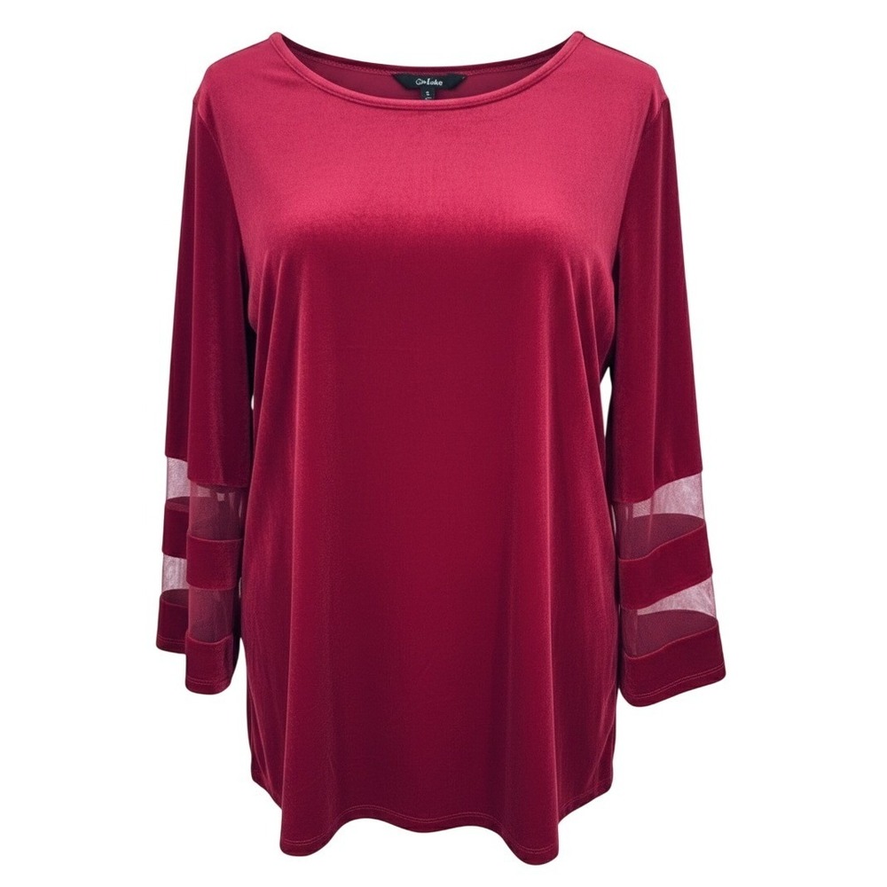 NEW Slim Factor by Investments Red Velvet Tunic Top 3/4 Bell Sleeve Mesh 2X